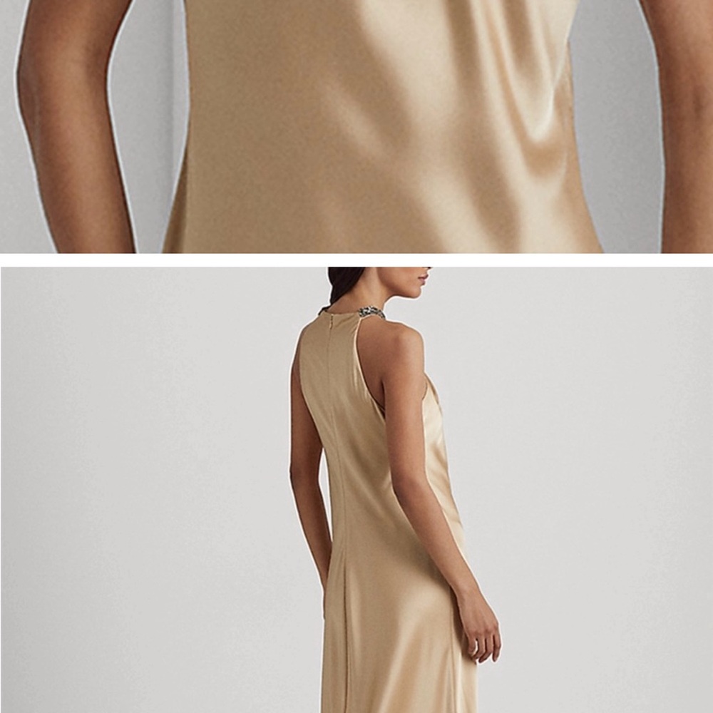 Lauren Ralph Lauren women’s beaded neck satin charmeuse halter gown.